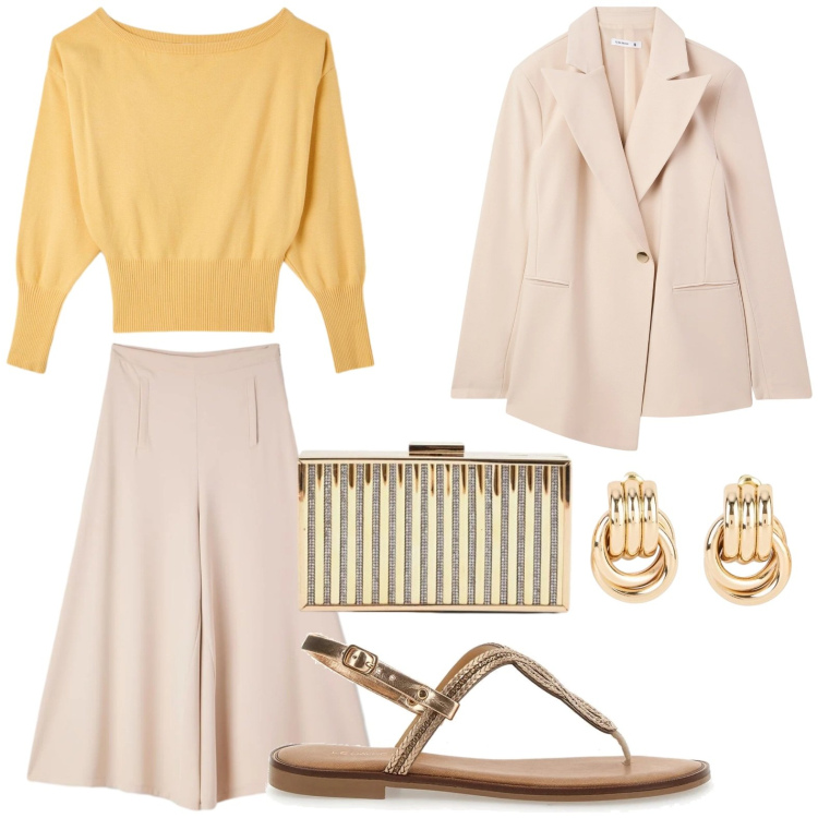 Outfit donna - Gli orecchini gold. Stile Basic per Serata fuori. Abbinamento con orecchini, pantaloni, pullovers, blazer, clutch, sandali.
