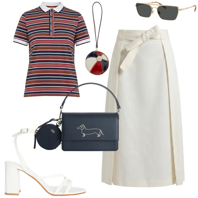 Outfit donna - City. Stile Urban per Tutti i giorni. Abbinamento con sandali in pelle, polo, borse a tracolla, gonne longuette, occhiali da sole, portachiavi.