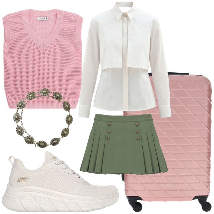 Outfit donna - Weekend romantico. Stile Basic per Tutti i giorni. Abbinamento con cinture, minigonne, top, camicie, sneakers alte, valigie.