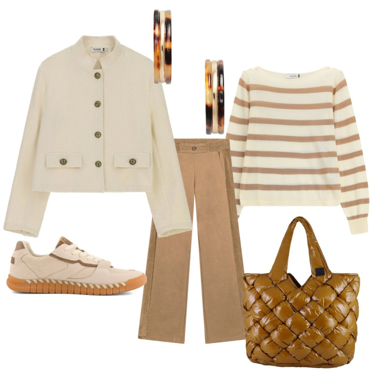 Outfit donna - Sporty chic in città. Stile Sporty chic per Tutti i giorni. Abbinamento con cappotti, maglieria, borse tote, pantaloni, orecchini, sneakers.