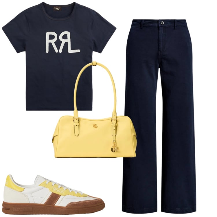 Outfit donna - Ralph Lauren. Stile Casual chic per Tutti i giorni. Abbinamento con pantaloni, t-shirt, borse a mano, sneakers.