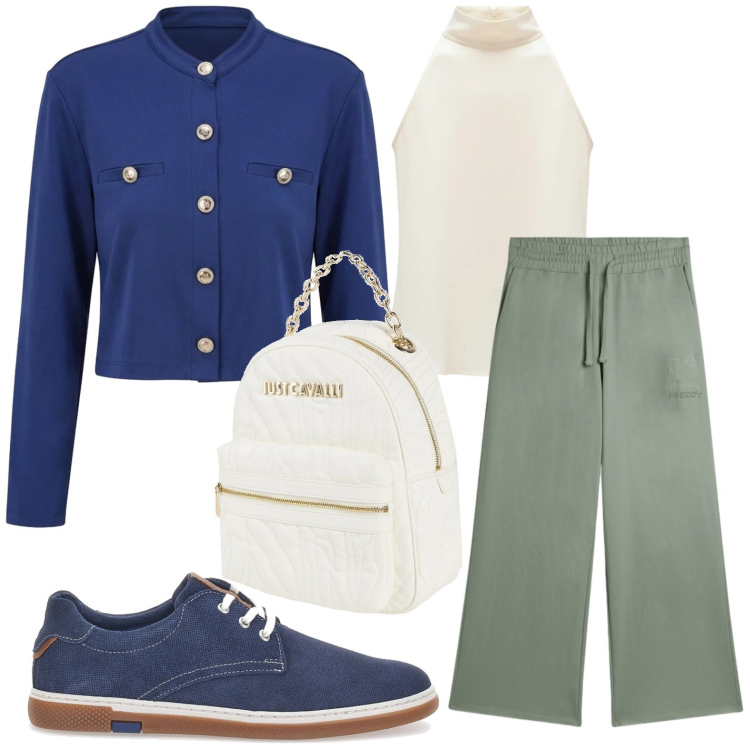 Outfit donna - Cardigan blu classico. Stile Glamour per Scuola/Università. Abbinamento con zaini, cardigans, canottiere, pantaloni, scarpe stringate.