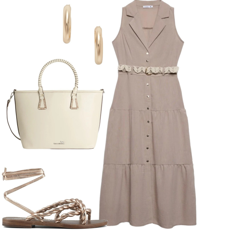 Outfit donna - City. Stile Basic per Tutti i giorni. Abbinamento con vestiti chemisier, shopping bag, orecchini, sandali in pelle.