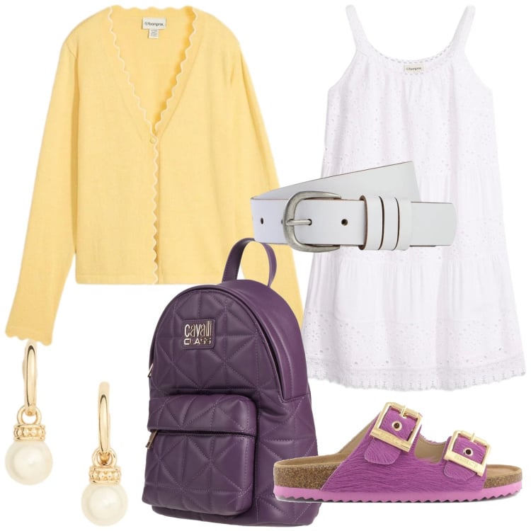 Outfit donna - Scelta di carattere. Stile Glamour per Scuola/Università. Abbinamento con zaini, vestiti, cardigans, cinture, orecchini, sandali in pelle.