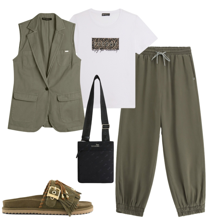 Outfit donna - Maggio. Stile Casual per Tutti i giorni. Abbinamento con borse a tracolla, pantaloni, t-shirt, gilet, sandali in pelle.