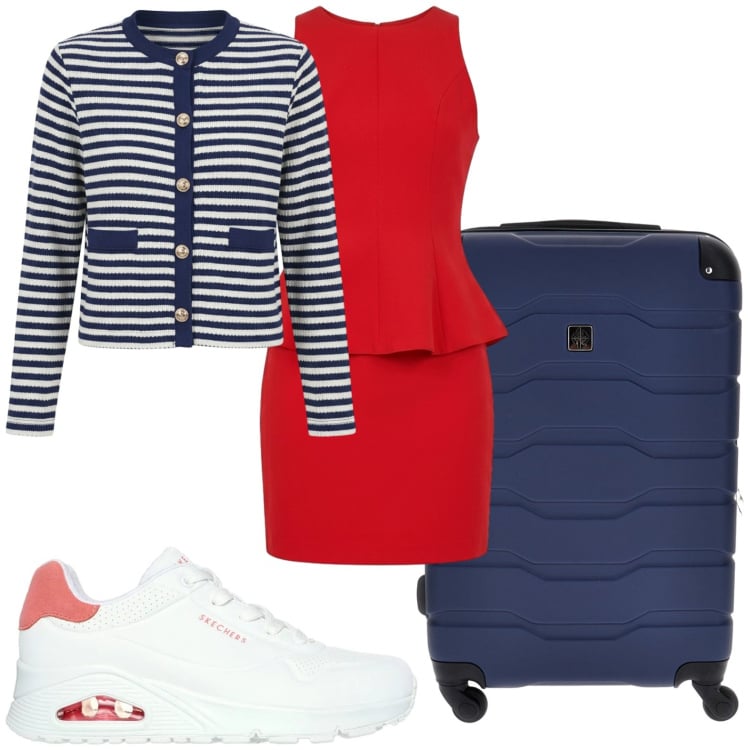 Outfit donna - Viaggio casual chic. Stile Casual chic per Tutti i giorni. Abbinamento con vestiti a tubino, cardigans, sneakers, valigie.