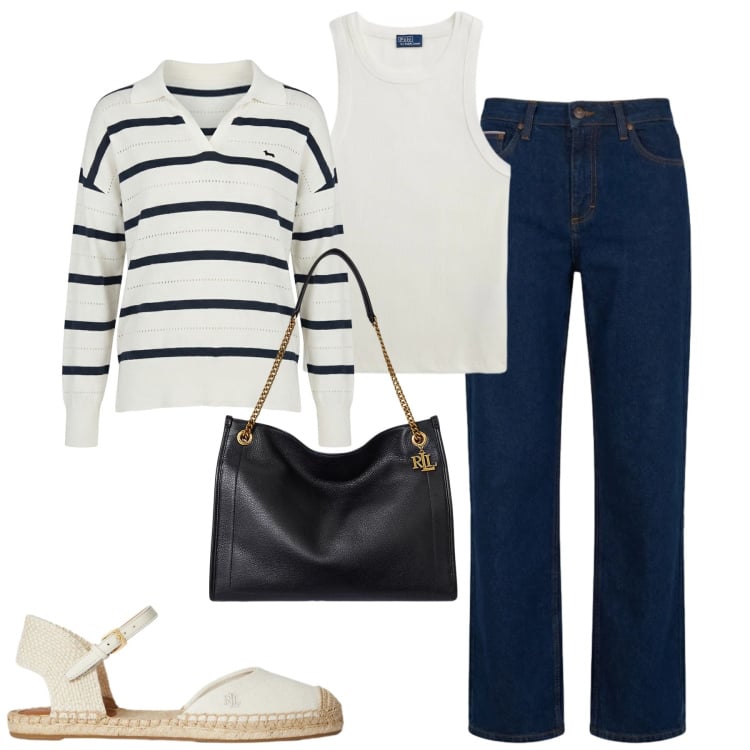 Outfit donna - City. Stile Sporty chic per Tutti i giorni. Abbinamento con maglieria, jeans, borse tote, espadrillas, canottiere.