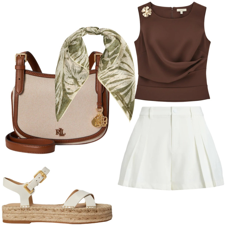 Outfit donna - Top con gioiello. Stile Chic per Tutti i giorni. Abbinamento con top, borse a tracolla, minigonne, espadrillas, foulard.