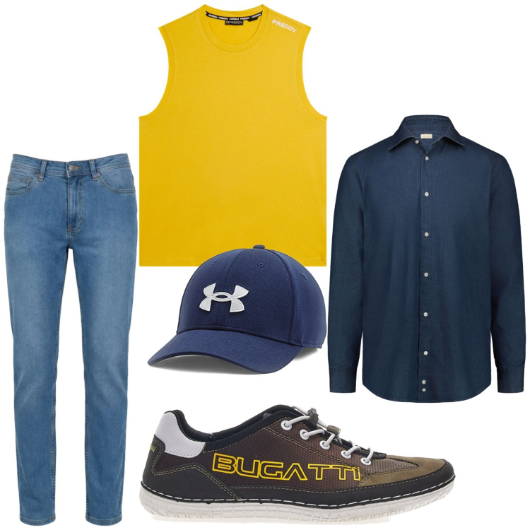 Outfit uomo - Guardaroba spring. Stile Casual per Tutti i giorni. Abbinamento con jeans, canottiere, scarpe stringate, cappelli, camicie.