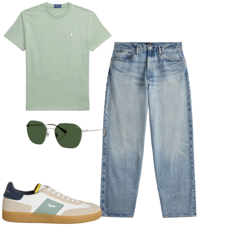Outfit uomo - Total look #2394877. Stile Casual per Tutti i giorni. Abbinamento con sneakers, jeans, t-shirt, occhiali da sole.