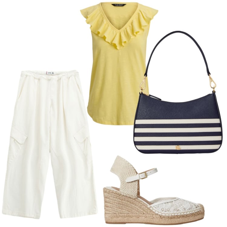 Outfit donna - Top con rouches. Stile Trendy per Tutti i giorni. Abbinamento con pantaloni a palazzo, espadrillas, borse a spalla, top.