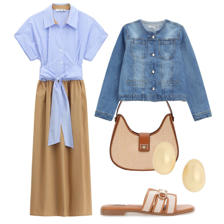 Outfit donna - Passeggiata primaverile. Stile Trendy per Tutti i giorni. Abbinamento con vestiti midi/longuette, blazer, borse a spalla, orecchini, ciabatte.