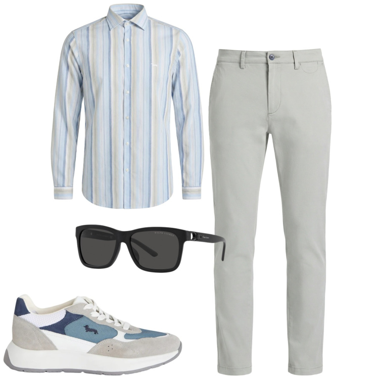 Outfit uomo - City. Stile Urban per Tutti i giorni. Abbinamento con sneakers, pantaloni chino, camicie, occhiali da sole.