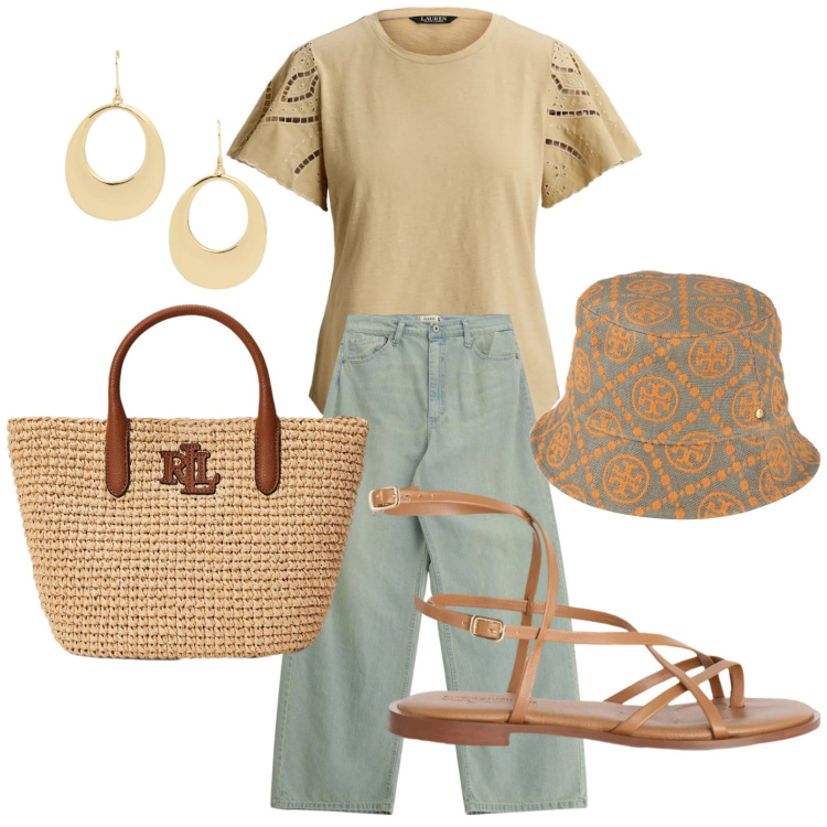 Outfit donna - T-shirt con dettagli glam. Stile Glamour per Tutti i giorni. Abbinamento con cappelli, sandali in pelle, jeans, orecchini, t-shirt, borse tote.