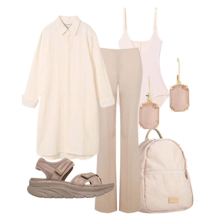 Outfit donna - Total look #2394898. Stile Casual chic per Ufficio. Abbinamento con zaini, camicie, body, pantaloni a palazzo, orecchini, sandali.