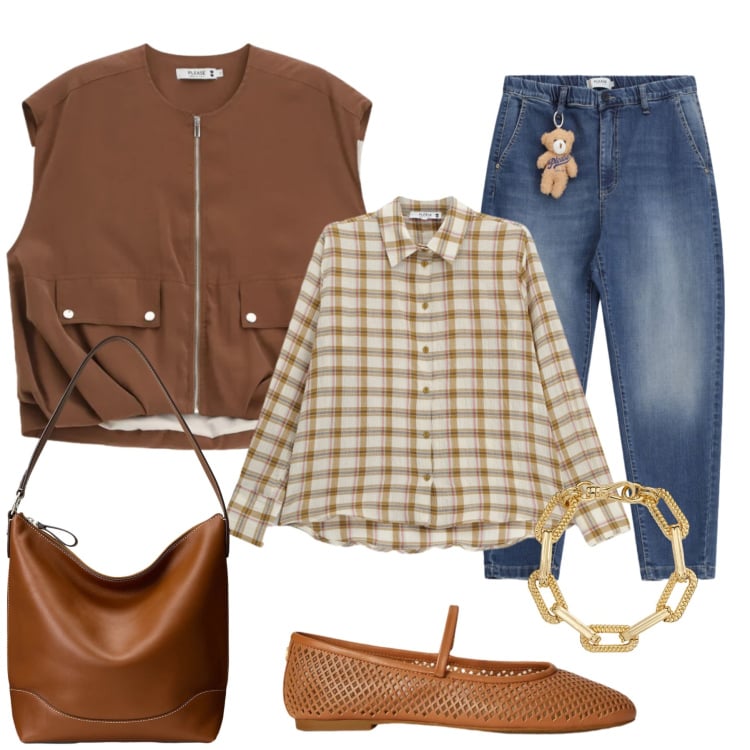 Outfit donna - Weekend Country-Chic. Stile Casual chic per Tutti i giorni. Abbinamento con camicie, jeans, gilet, borse a secchiello, braccialetti, ballerine.