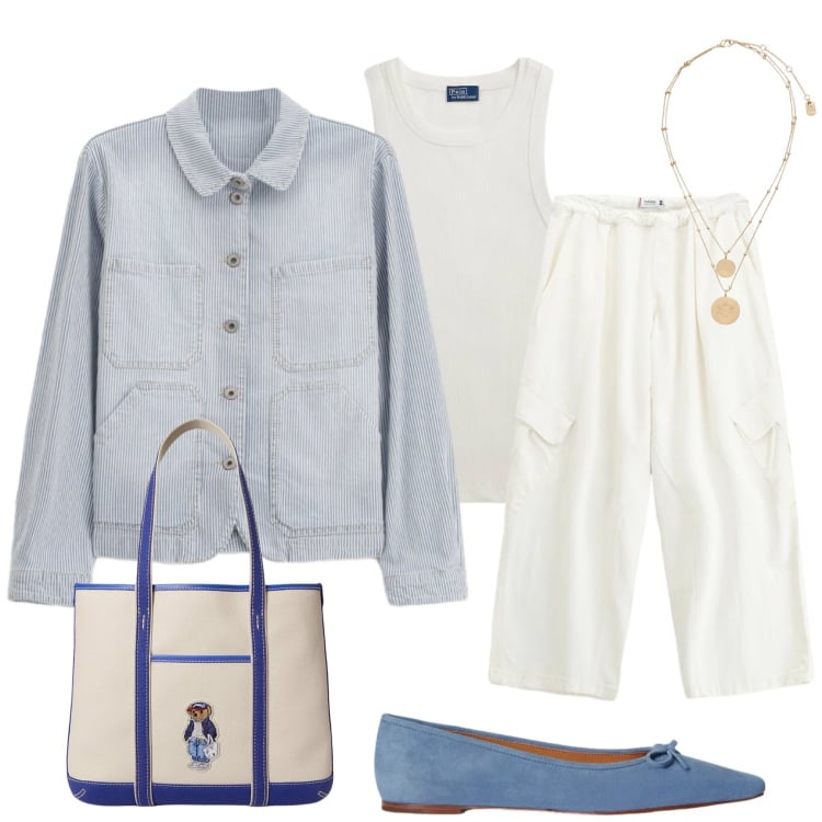 Outfit donna - Eleganza Casual in Bianco e Blu. Stile Casual chic per Tutti i giorni. Abbinamento con blazer, pantaloni a palazzo, ciondoli, ballerine, borse tote, canottiere.
