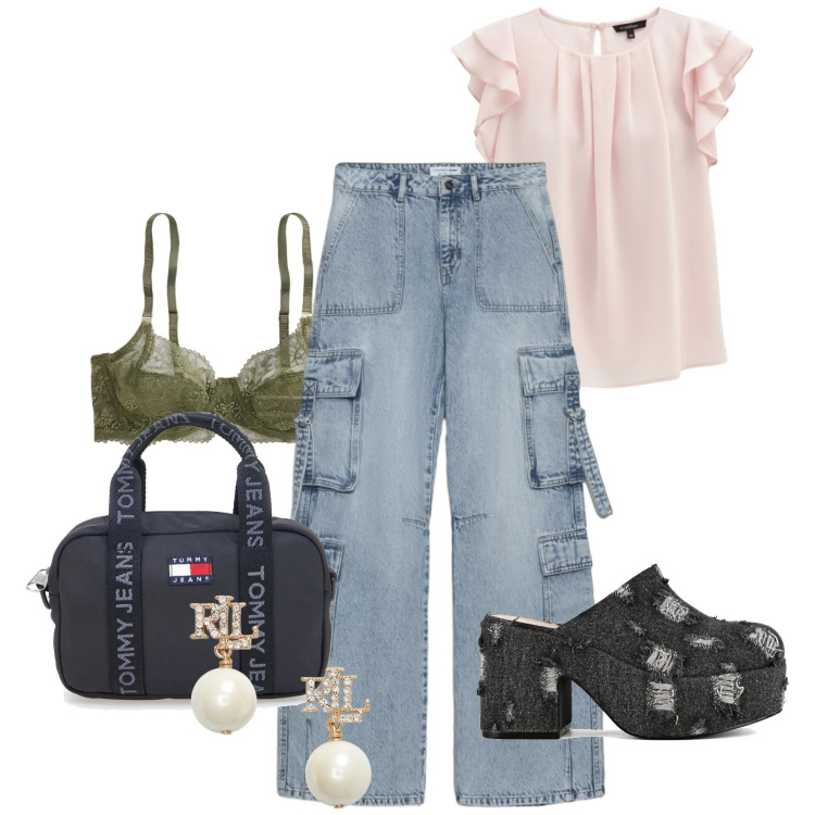 Outfit donna - Total look #2394902. Stile Casual chic per Ufficio. Abbinamento con jeans, canottiere, orecchini, reggiseni, sabot, borse a tracolla.