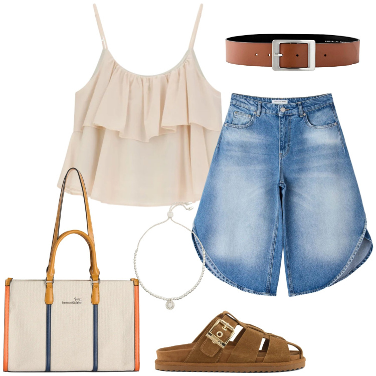 Outfit donna - Boho-Chic Estivo. Stile Boho per Tutti i giorni. Abbinamento con cinture, pantaloni corti, borse tote, top, braccialetti, sandali in pelle.