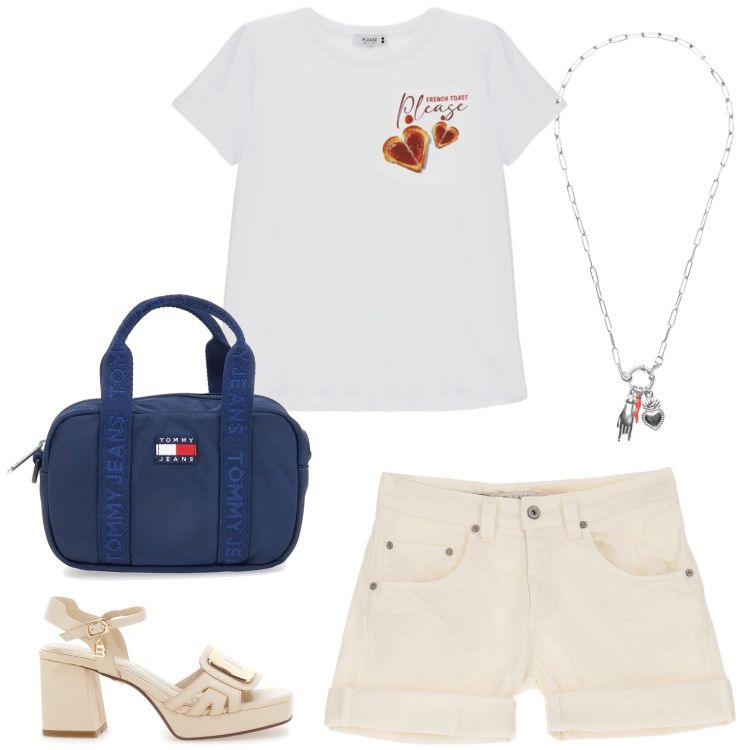Outfit donna - Weekend Romance. Stile Casual chic per Tutti i giorni. Abbinamento con shorts, t-shirt, ciondoli, sandali col tacco, borse a tracolla.