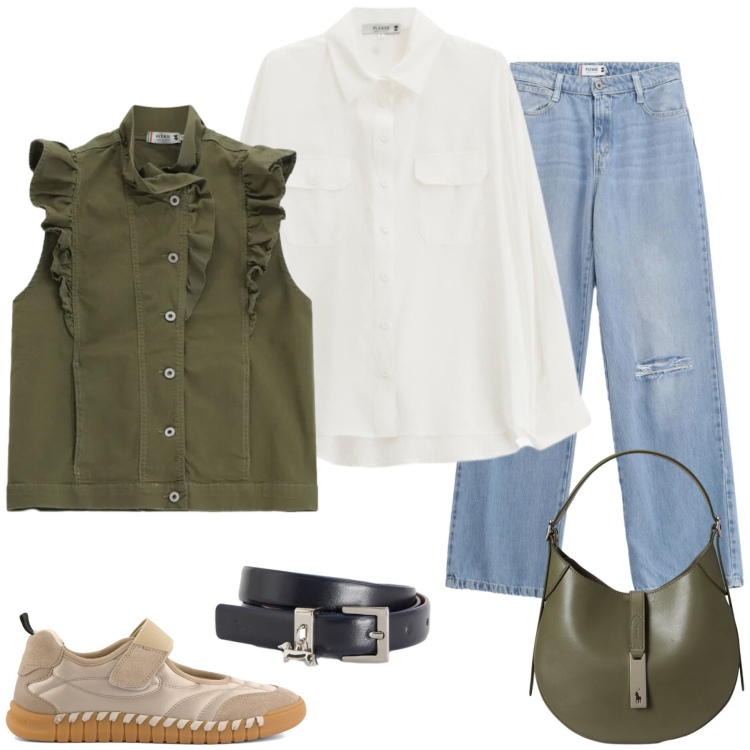 Outfit donna - Urban Safari. Stile Casual chic per Tutti i giorni. Abbinamento con cinture, camicie, gilet, jeans strappati, borse a spalla, ballerine.