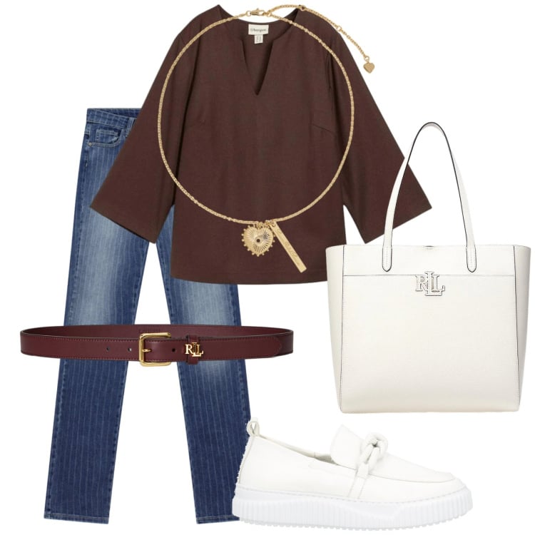 Outfit donna - Buondì. Stile Casual chic per Tutti i giorni. Abbinamento con mocassini, tuniche, jeans, ciondoli, borse tote, cinture.