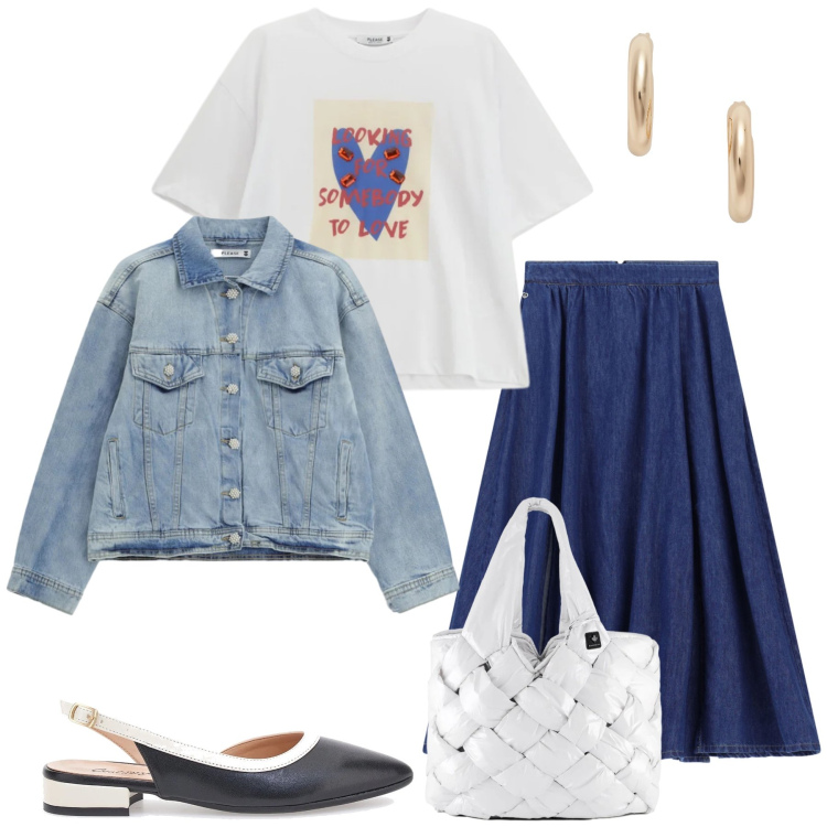 Outfit donna - Fascino Retrò e Casual Moderno. Stile Casual chic per Tutti i giorni. Abbinamento con gonne lunghe, blazer, t-shirt, borse tote, orecchini, ballerine.