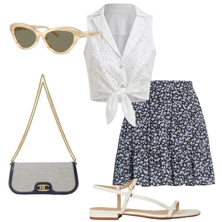 Outfit donna - Vacanze romane. Stile Vintage retrò per Tutti i giorni. Abbinamento con minigonne, top, occhiali da sole, sandali in pelle, borse a spalla.