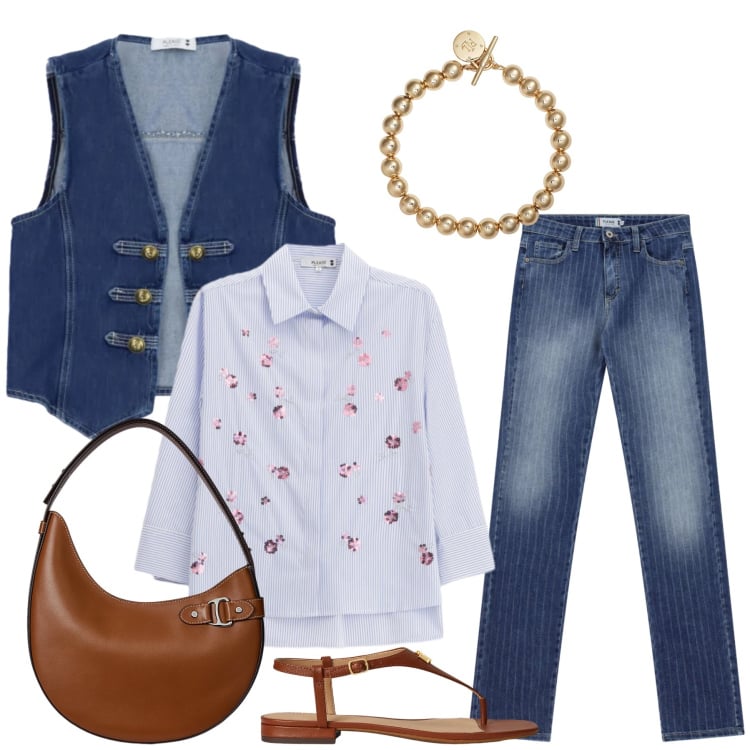 Outfit donna - Boho-Chic in Denim. Stile Boho per Tutti i giorni. Abbinamento con camicie, jeans, gilet, braccialetti, borse a spalla, sandali in pelle.