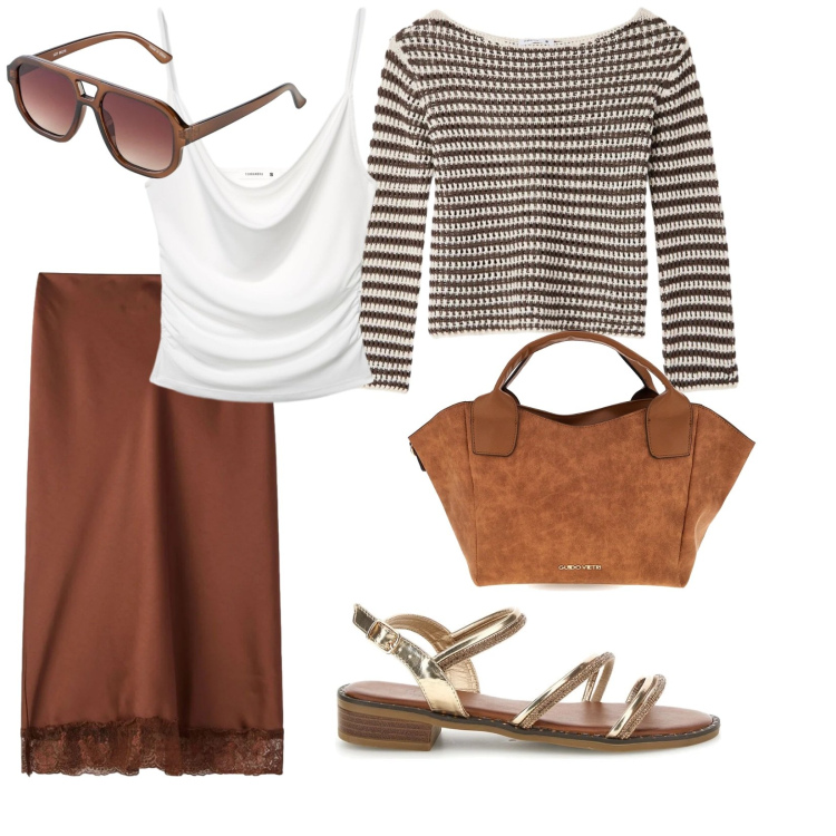 Outfit donna - Lunedì. per Tutti i giorni. Abbinamento con occhiali da sole, canottiere, maglieria, gonne longuette, borse a mano, sandali col tacco.