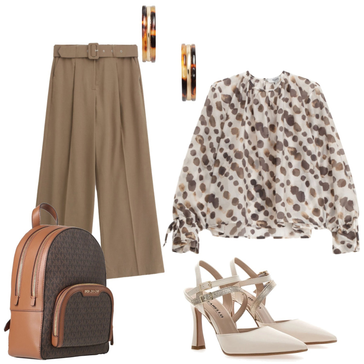 Outfit donna - Modern Sophistication. Stile Casual chic per Tutti i giorni. Abbinamento con zaini, pantaloni a palazzo, bluse, orecchini, décolleté.