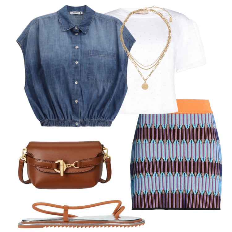 Outfit donna - Intrecci di colore. Stile Glamour per Tutti i giorni. Abbinamento con minigonne, ciabatte, camicie, t-shirt, ciondoli, borse a tracolla.