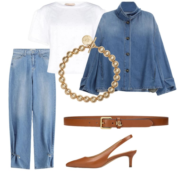 Outfit donna - Aperitivo?. Stile Casual chic per Tutti i giorni. Abbinamento con blazer, jeans, t-shirt, braccialetti, cinture, décolleté.