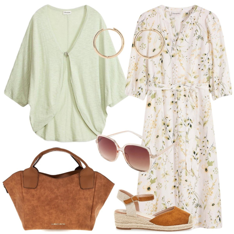 Outfit donna - Passeggiata. Stile Romantica per Tutti i giorni. Abbinamento con occhiali da sole, vestiti, orecchini, cardigans, borse a mano, zeppe.
