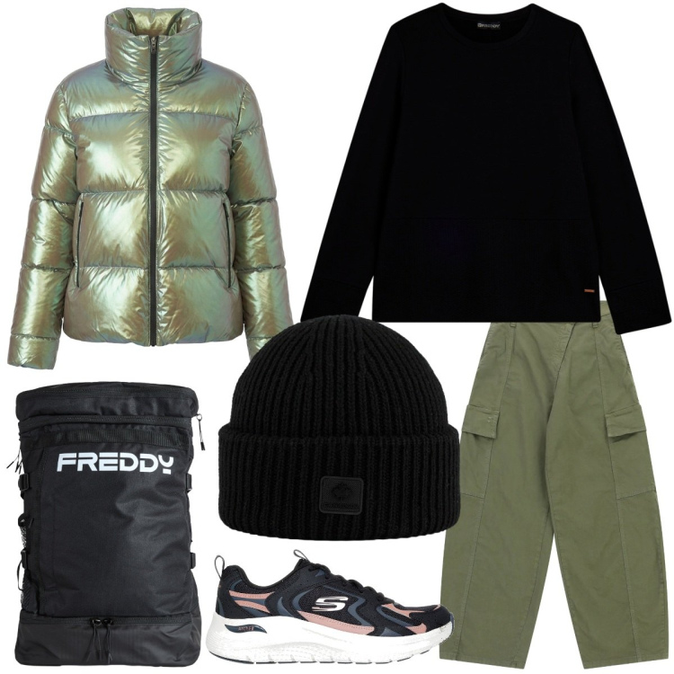 Outfit donna - Denim verde. Stile Urban per Tutti i giorni. Abbinamento con pantaloni cargo, berretti, blazer, zaini, felpe, sneakers.