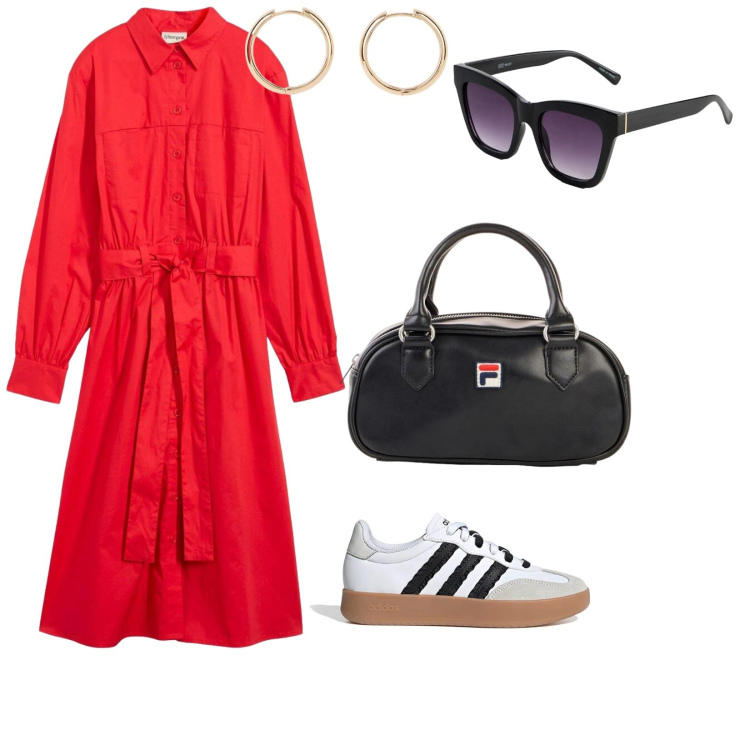 Outfit donna - Chemisier rosso. per Tutti i giorni. Abbinamento con occhiali da sole, orecchini, vestiti chemisier, borse a tracolla, sneakers.