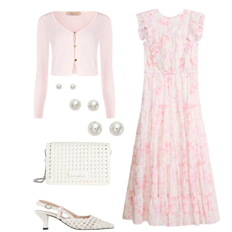 Outfit donna - Pranzo romantico. Stile Romantica per Tutti i giorni. Abbinamento con décolleté, vestiti lunghi, borse a tracolla, cardigans, orecchini.