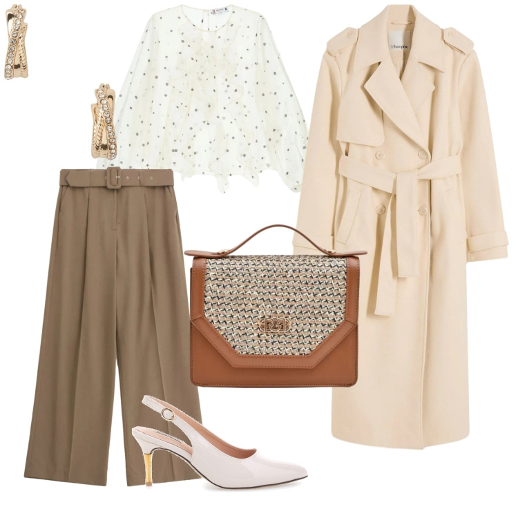 Outfit donna - Riunioni importanti. per Ufficio. Abbinamento con trench, bluse, pantaloni a palazzo, pochette, orecchini, décolleté.