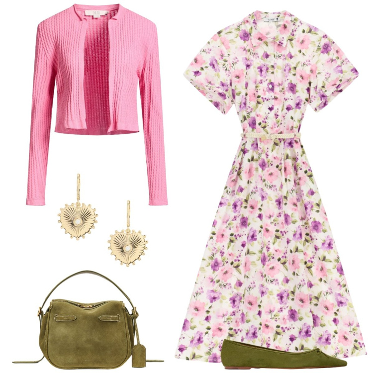 Outfit donna - Primavera in fiore. Stile Romantica per Tutti i giorni. Abbinamento con cardigans, vestiti midi/longuette, borse a mano, ballerine, orecchini.