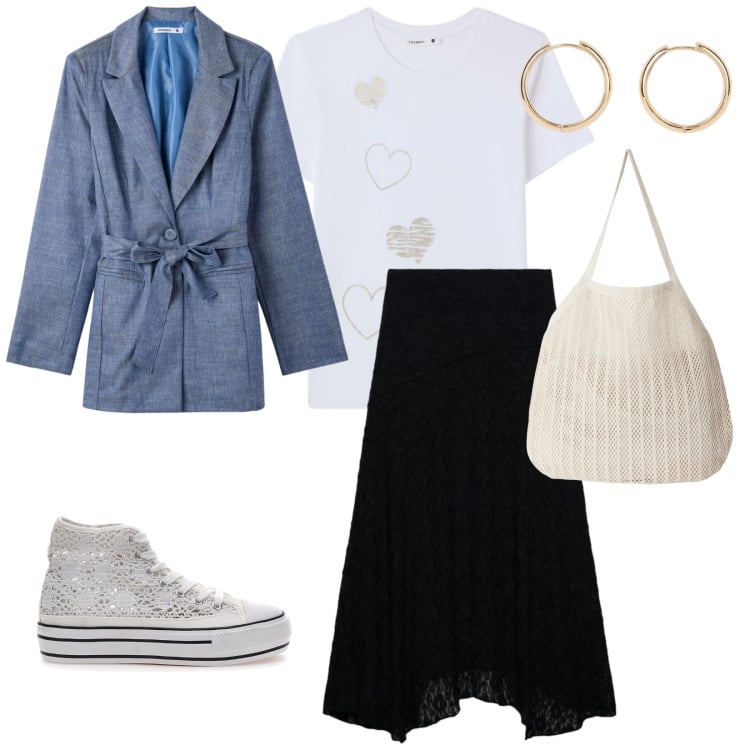 Outfit donna - Comoda di giorno. per Tutti i giorni. Abbinamento con orecchini, gonne lunghe, t-shirt, blazer, shopping bag, sneakers alte.