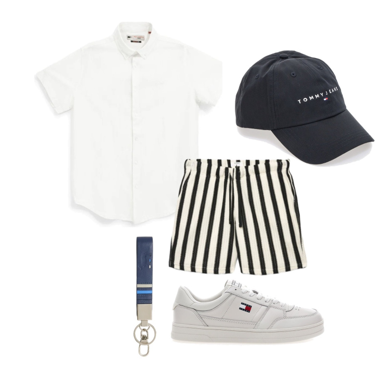 Outfit uomo - Maggio. Stile Trendy per Mare. Abbinamento con pantaloni corti, portachiavi, cappelli con visiera, sneakers, camicie a manica corta.