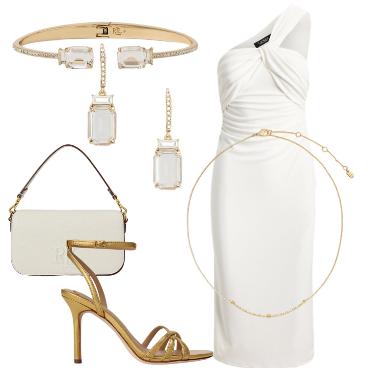 Outfit donna - Oro e brillanti. Stile Chic per Cerimonia. Abbinamento con vestiti asimmetrici, orecchini, braccialetti, collane, borse a spalla, sandali in pelle.
