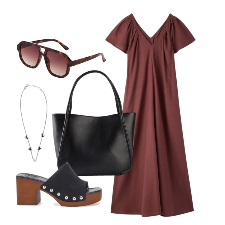 Outfit donna - Maggio. Stile Trendy per Tutti i giorni. Abbinamento con shopping bag, occhiali da sole, vestiti lunghi, collane, zoccoli.