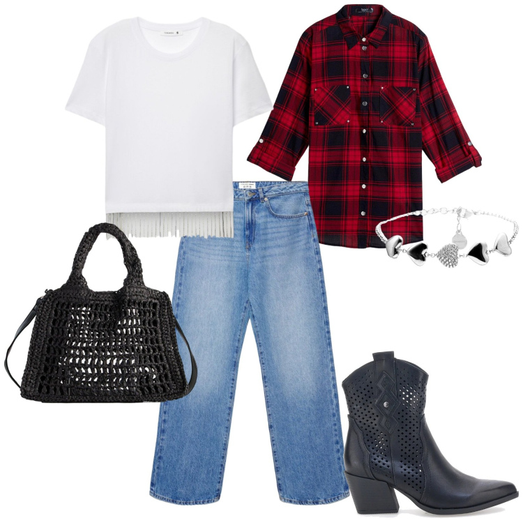 Outfit donna - Ancora un po\' fresco. per Tutti i giorni. Abbinamento con camicie, borse a tracolla, jeans dritti, t-shirt, braccialetti, stivaletti texani.
