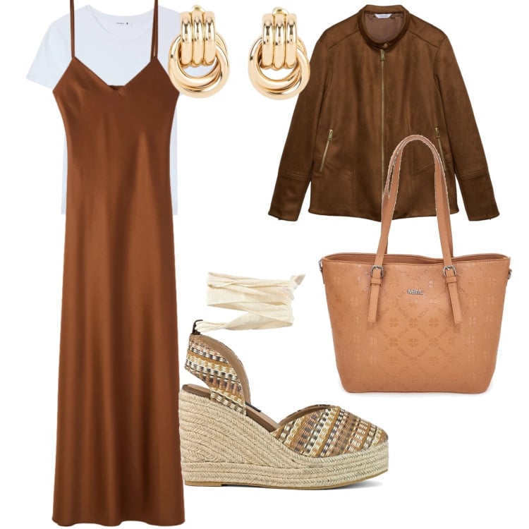 Outfit donna - Vestirsi a strati. per Tutti i giorni. Abbinamento con orecchini, t-shirt, giacche, vestiti lunghi, zeppe, borse a tracolla.