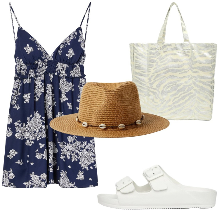 Outfit donna - In vacanza. Stile Casual per Tutti i giorni. Abbinamento con cappelli, vestiti corti, shopping bag, ciabatte.