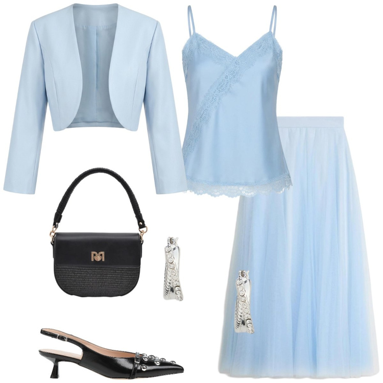 Outfit donna - Total look #2394947. Stile Chic per Cerimonia. Abbinamento con décolleté, gonne lunghe, borse a spalla, bolero, top, orecchini.