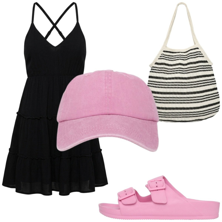 Outfit donna - Abitino nero e rosa big bubble. Stile Casual per Mare. Abbinamento con cappelli con visiera, ciabatte, vestiti corti, shopping bag.
