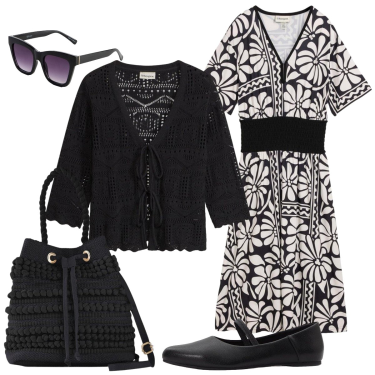 Outfit donna - Punto vita in risalto. Stile Bon Ton per Tutti i giorni. Abbinamento con cardigans, vestiti midi/longuette, ballerine, occhiali da sole, borse a secchiello.