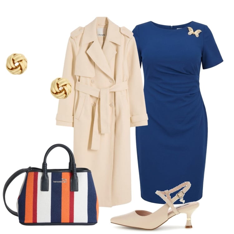 Outfit donna - Cerimonia primaverile. Stile Chic per Cerimonia. Abbinamento con trench, shopping bag, vestiti a tubino, orecchini, décolleté.